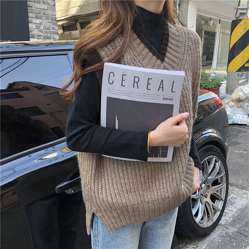 Pofulove Spring Autumn Korean Vest Knit Sweater V-neck Loose Vest Sweater Female Students Lazy Top
