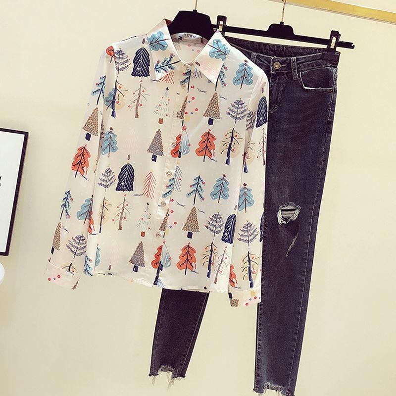 Women's Spring Style Chiffon Blouses Printed Shirt
