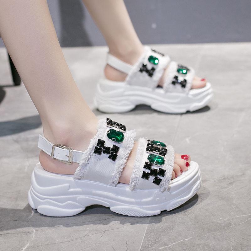 Size35-39 Summer Women Slippers Bohemian Beach Wear-resistant Non-slip Slippers Wedge Platform Rhinestone Sandals Outdoor Crystal High Heels