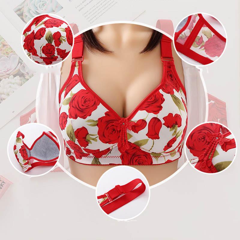 Ladies Anti-mite Antibacterial Rose Pattern Large Size Anti-sagging Breast No Steel Ring Gathering Thin Soft Breathable Shaping Adjustment Bra