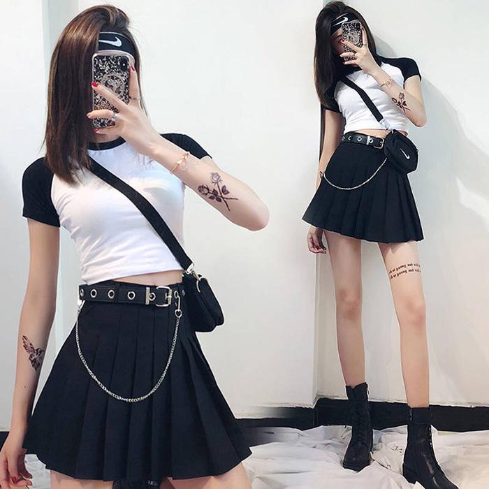 Women Summer Anti-lighten High Waist Slim Skirt Black Pleated Skirt Hip-hop A-line Skirt Belt Chain