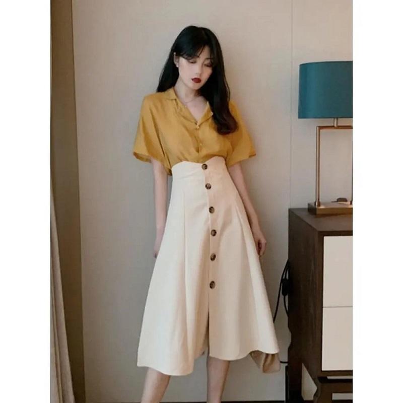 Summer Retro Goddess Skirt Two-piece Set V-neck Cotton Linen Short-sleeved Shirt High Waist Button Flower Edge A-line Skirt Suit