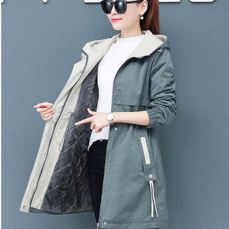 Autumn and Winter Plus Velvet Mid-length Overcoat Women's Slim  All-match Hooded Parka Jacket Female Flocking Trench Coat
