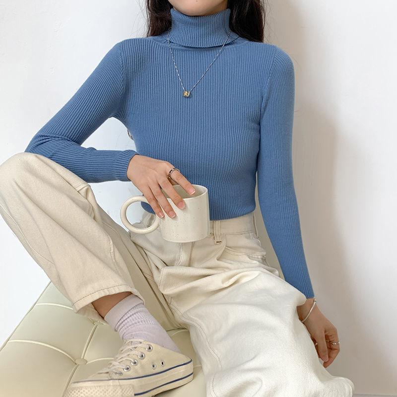 Solid Color Turtleneck Sweater Women New All-match Autumn Winter Slim Slimming Long-sleeved T-shirt Bottoming Shirt Tops