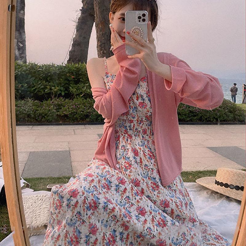 Sweet Tea Girl Chiffon Floral Sling Dress Summer Vacation Style Long Gentle Style Dress