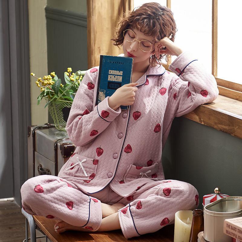 Home Service Suits Laminated Cotton Pajamas Women's Thin Quilted Thickening Large Size Air Cotton Warm Pajamas Fabric Is Soft Breathable and Lint