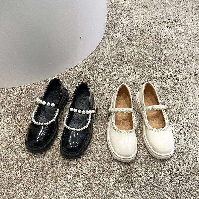 French Small Leather Shoes Women Retro Square Toe Mary Jane Small Leather Shoes Women's Pearl Buckle  Shallow Mouth Casual Student Leather Shoes
