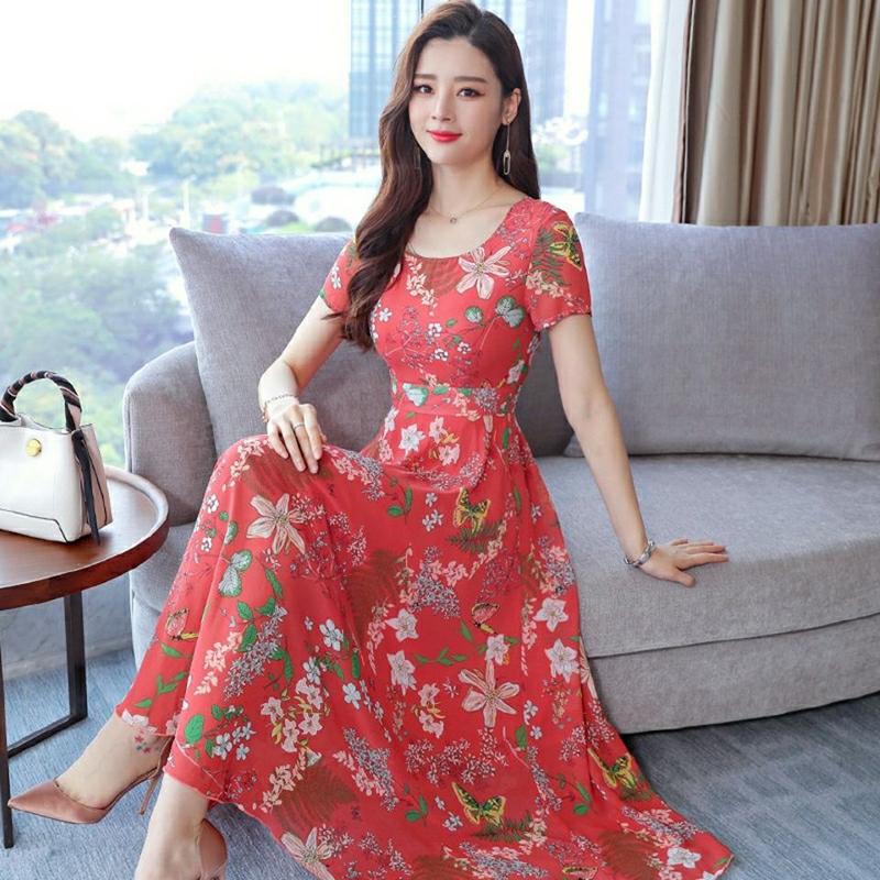 Ice Silk Dress Female Short-sleeved Temperament Was Thin Floral A-line Skirt Round Neck Large Hem Skirt Large-size Skirt Waist Was Thin