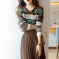 Sweater Women Stitching Printing V-neck Pullover Knitwear Korean Loose Fluffy Top Striped Sweater Autumn and Winter Fashion