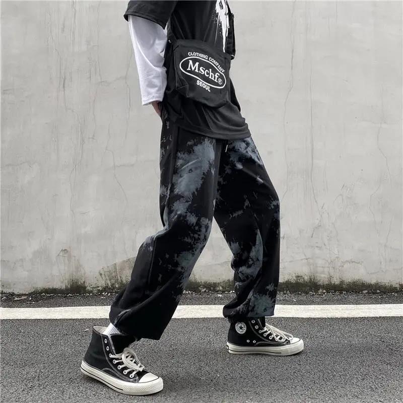 Tie-dyed Cow Pants Male Handsome Oversize Casual Trousers National Tide High Street Hip-hop Wide-leg Pants