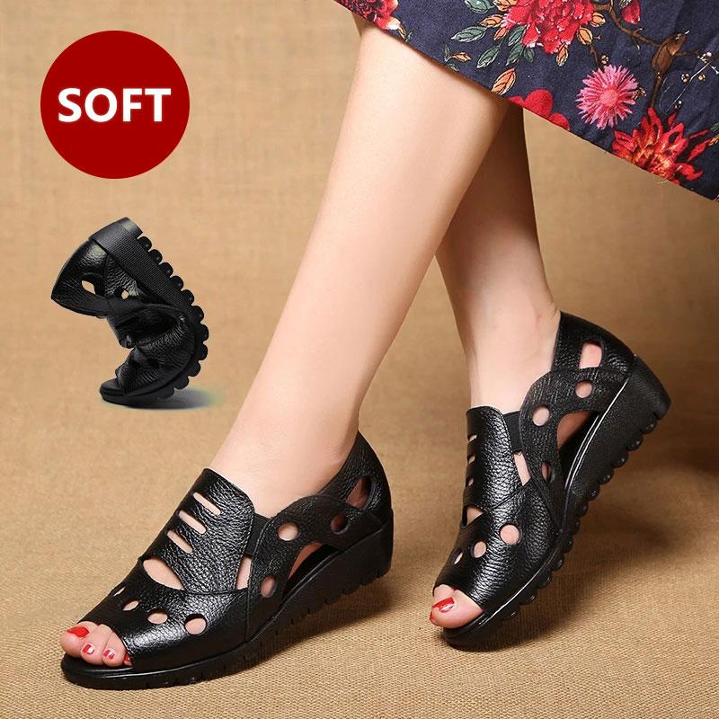 Mother Sandals Leather Soft Sole Middle-aged and Elderly Women's Shoes Non-slip Shoes Fish Mouth Shoes Granny Sandals Casual Shoes Wedges Work Shoes