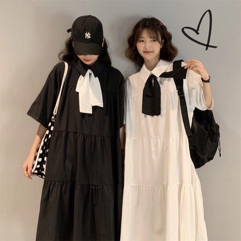 Cute Sweet Girl Bow Ruffle College Style Mid-length A-shaped Skirt Age Reduction Looser  Short Sleeve Dress