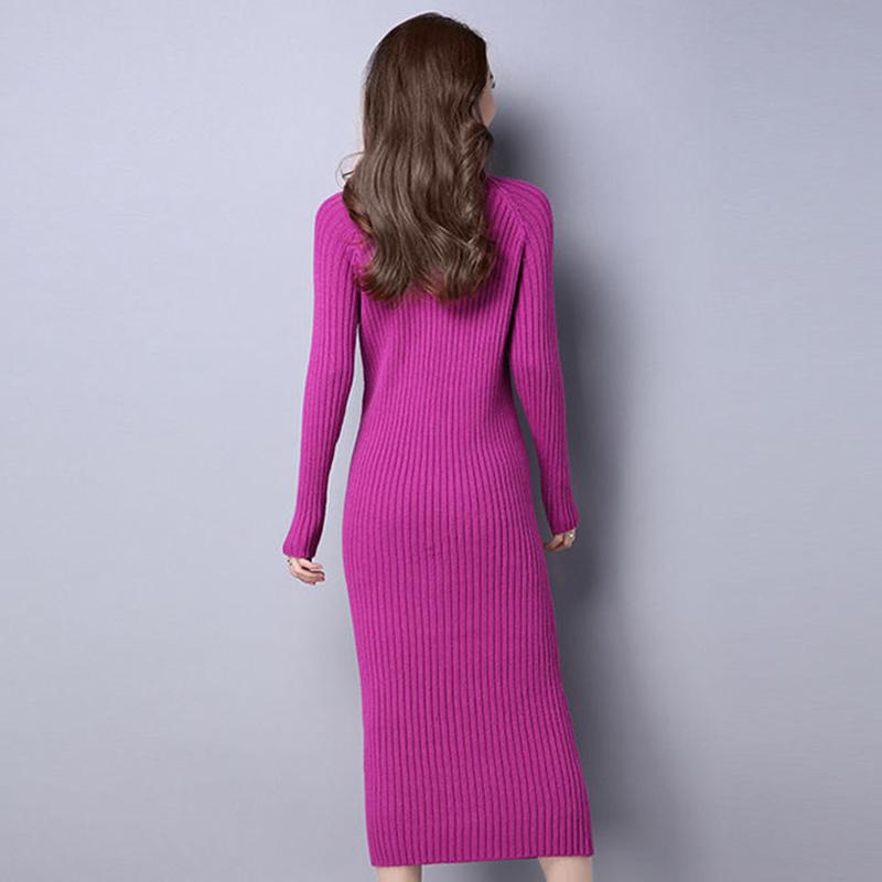 Knitted Round Neck Dress Long Sleeves Autumn and Winter Slim Slimming All-match Base Long Sweater Dress Knee-length Warm