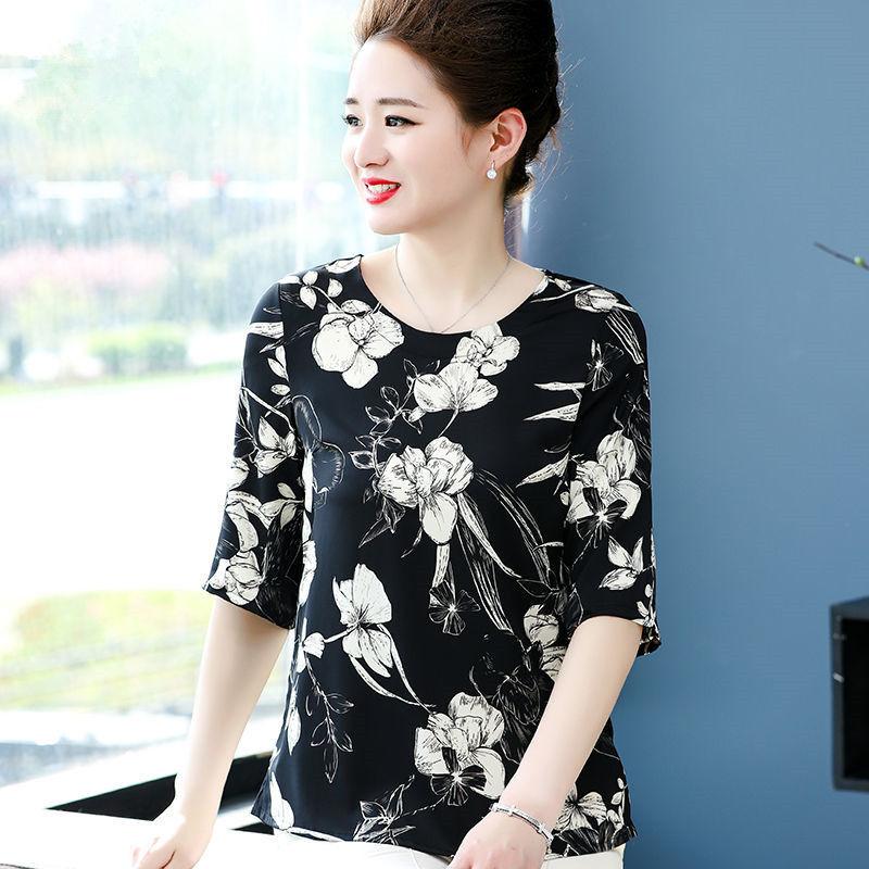Summer Ice Silk T-shirt Large Size Loose Belly Cover Top Round Neck Short-sleeved Loose Casual Printing T-shirt Women's Casual Top