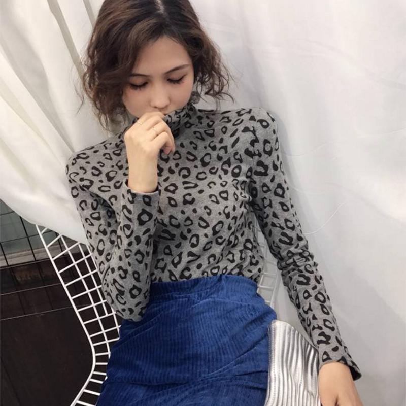 Pofulove Women's Long Sleeve Leopard Warm Slim Wild Thin Plus Fleece Top Turtleneck Bottoming Shirt