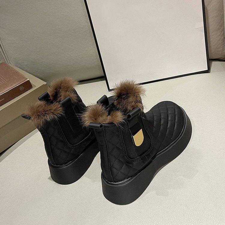 Winter Boots for Women Black White Snow Boots Leather Fur Boots Platform Chunky Shoes Plush Warm Ankle Booties