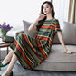 M-XXL Cotton Short-sleeved Summer Mid-calf Pattern Striped Decoration Pockets Dress