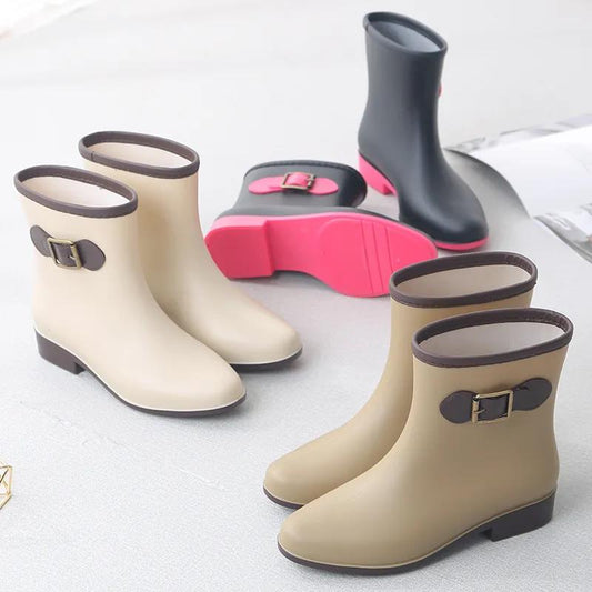 Rain boots women's mid-tube water shoes short boots non-slip flat plastic shoes kitchen shoes adult water boots