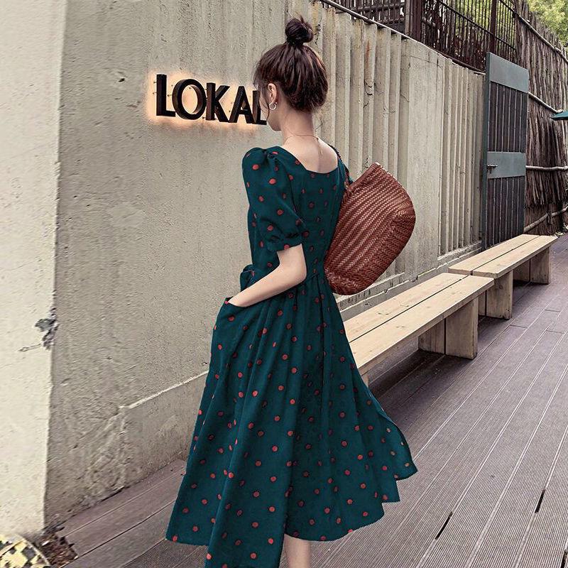 Dress Women's Waist Chiffon Over The Knee Square Collar Retro Casual Fashion French Summer Skirt