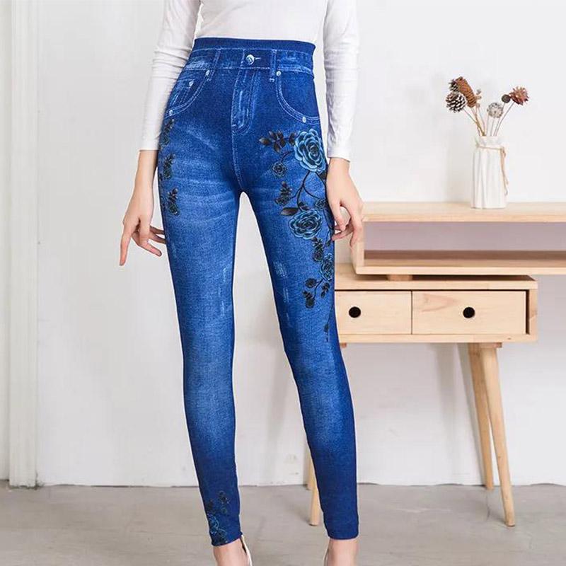High Waist Stretch Denim Printed Leggings Women's Trousers and Velvet Feet Casual Pants and Velvet Thickening Fashionable and Versatile