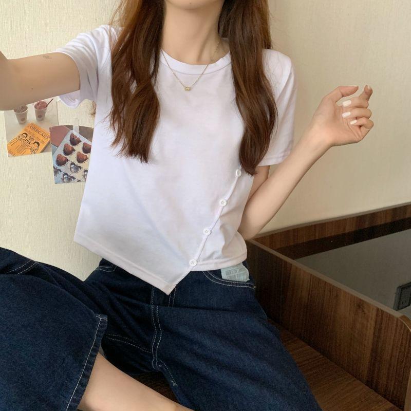 Summer Personality Tops button Women Ladies Irregular Loose Short Sleeve T-shirt Blouse