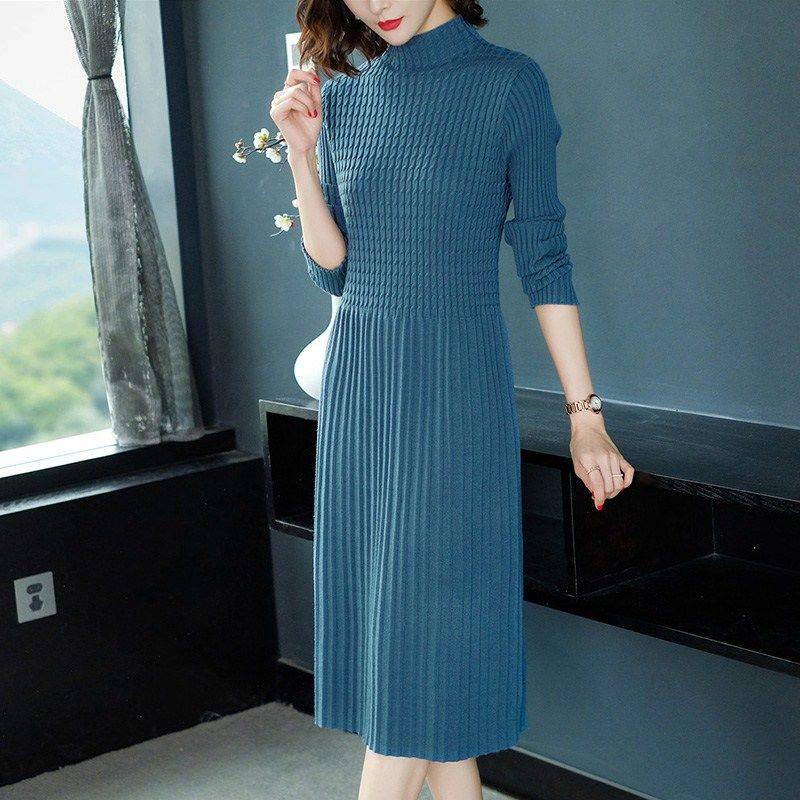 Women Warm Sweater Dress Autumn Winter Elastic Soild Long Sleeve Knitting Dress Female Knitted Dress