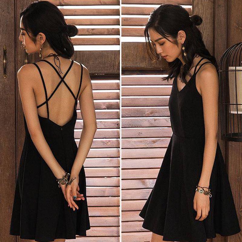 Fashion Backless Strap Dress Black Beach Vacation Short Dress Sexy Sleeveless Back Cross Dress