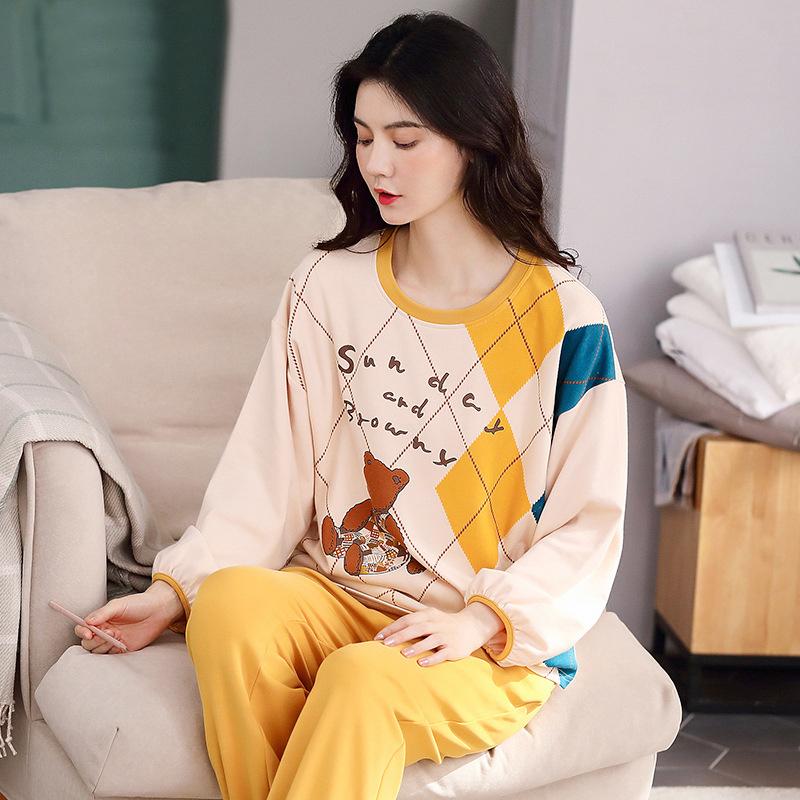 Women Pajamas Set Casual Loose Pyjamas Suit Cartoon Cute Sleepwear Pullover Tops and Pants Sets Female Long Sleeve Homewear Round Neck Nightwear