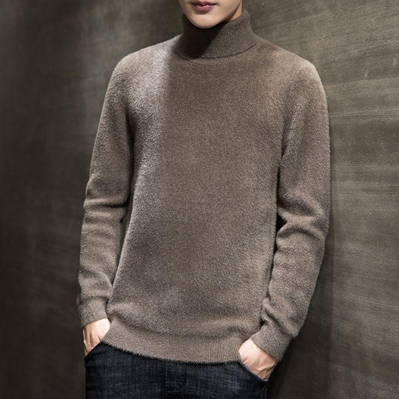 Plus Velvet Autumn and Winter New Solid Color High Collar Sweater Men's Thick Pullovers