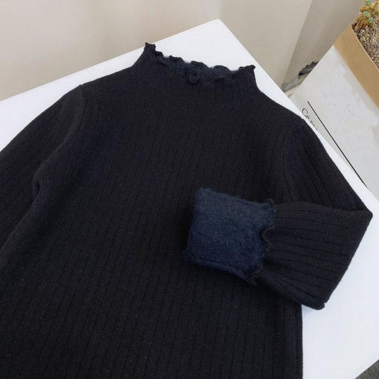 Girls' Bottoming Fir Winter Clothes Plus Velvet Thick Long-sleeved T-shirt One-piece Velvet Half High Neck Sweater Top