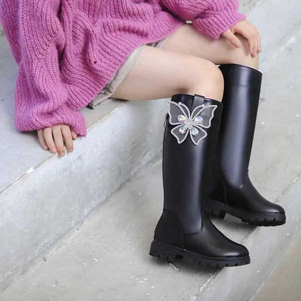 Children's Boots Autumn and Winter Girls' Plush Boots Large Size Solid Color Cartoon Butterfly Snow Boots
