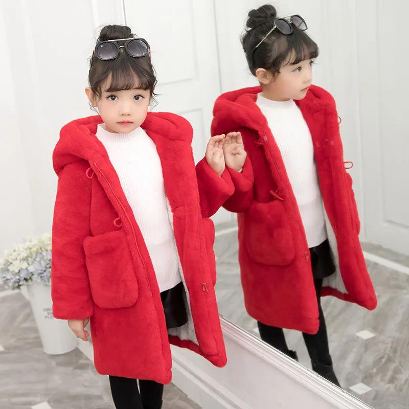 Winter Girls Warm and Windproof Jacket Thickened Faux Fur Mid-length Coat