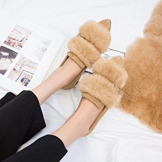 Autumn and Winter Plush Single Shoes Autumn Pointed Toe Plush Shoes Women's Winter Flat Shoes Peas Shoes Pedal Moccasins