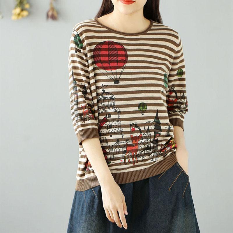 Literary Style Three-quarter Sleeve Retro Print Mother Shirt Large Size Pullover Loose All-match Knitted Sweater