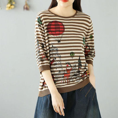 Literary Style Three-quarter Sleeve Retro Print Mother Shirt Large Size Pullover Loose All-match Knitted Sweater