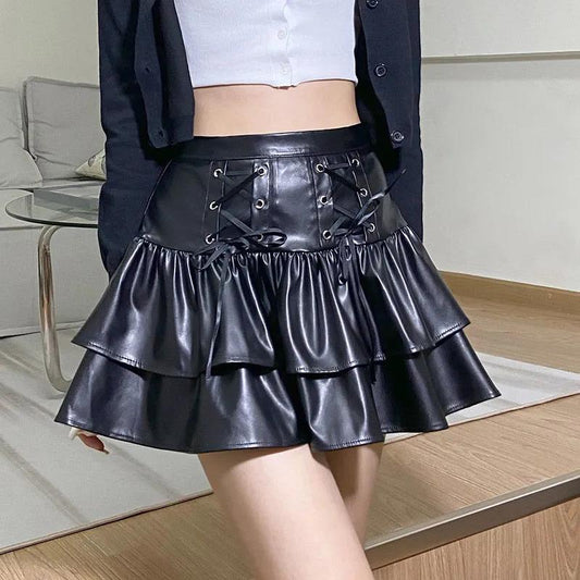 Lace-up Leather Skirt Women's PU High Waist Bow Knot Slim Fit Pleated Skirt Spring and Summer Women's Clothing