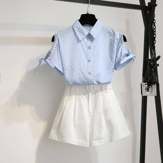 Fashion Short Set Summer Women Off-shoulder Short Sleeve Striped Shirt Loose Shorts Two-piece Suit