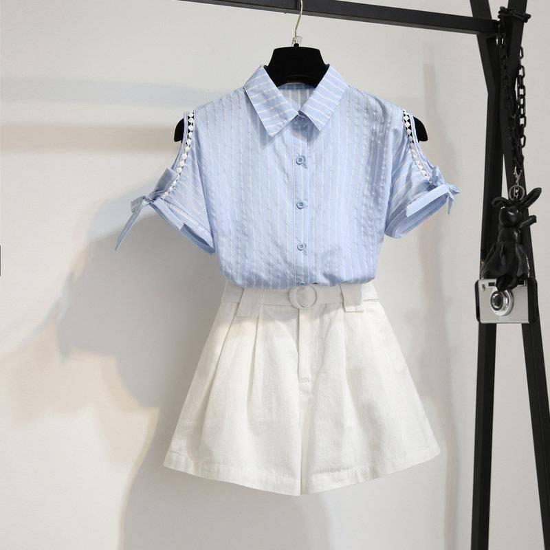 Fashion Short Set Summer Women Off-shoulder Short Sleeve Striped Shirt Loose Shorts Two-piece Suit