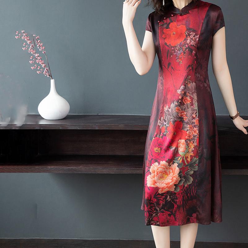 Middle-aged Mother Cheongsam Dress Female Long Summer High-end Retro Cover Belly Chinese Style Simulation Silk Skirt