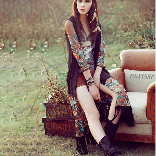 Ethnic Style Sun-Dress Women's Sun Protection Clothing Mid-length Plus Size Shawl Loose Outer Chiffon Cardigan Thin Coat Beach Air-conditioned Rooms