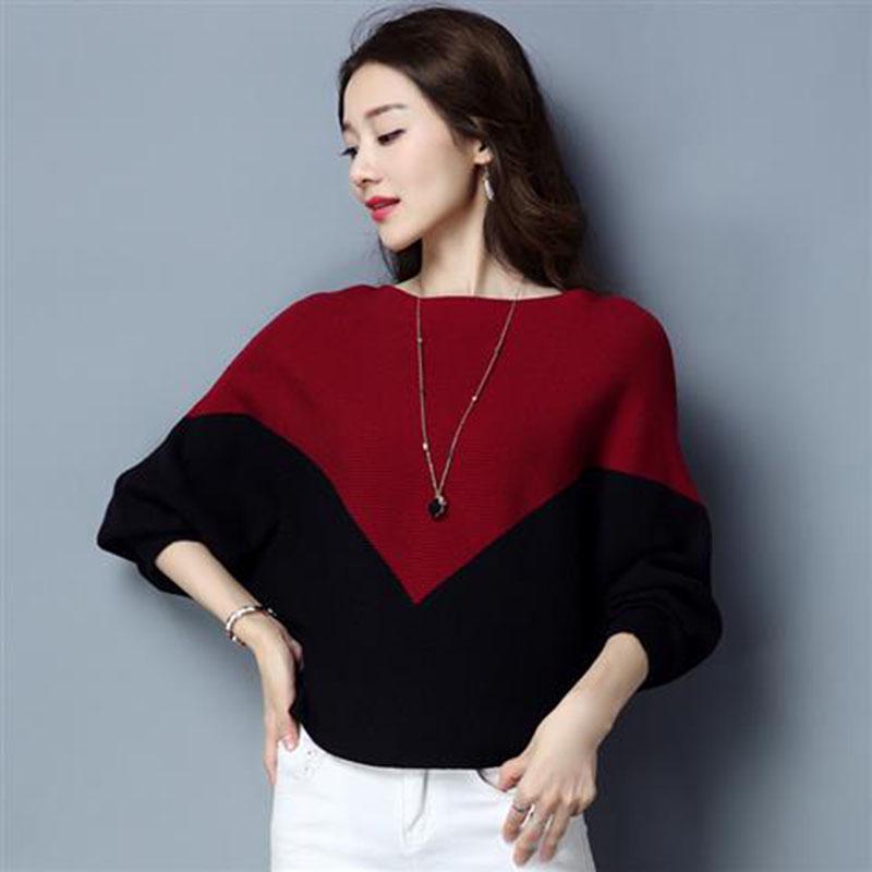 Pofulove Women Batwing Sleeve Sweater Loose Knit Pullover Sweater Female Stitching Contrast Boat Neck Jumper Tops