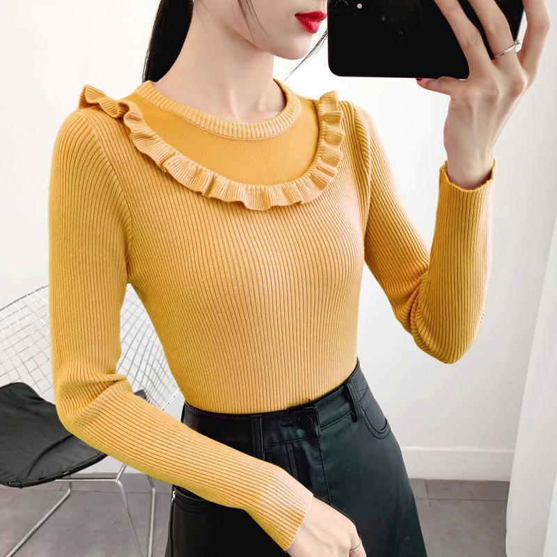 Sweater Women's Ruffled Collar Pullover Knitwear Korean Style Slim Solid Color Top Trendy Sweater Autumn and Winter Lady Style