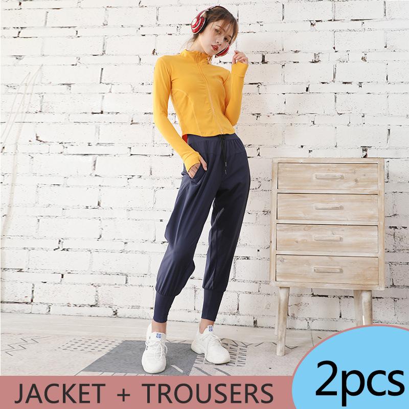 Women's Quick Dry Yoga Clothes Gym Running Sports Suit Short Long Sleeve Cardigan Zipper Top Jacket Loose Wide Leg Pants Suit Fitness Suit