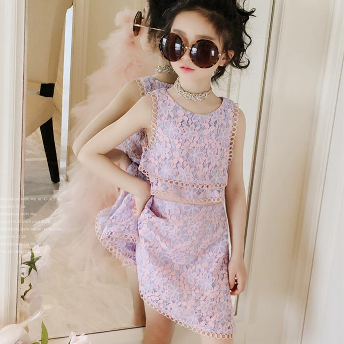 Girls' Dress Summer Broken Flowers Dress Children Net Red Girl Chinese Style Fake Two Pieces of Lace Skirt