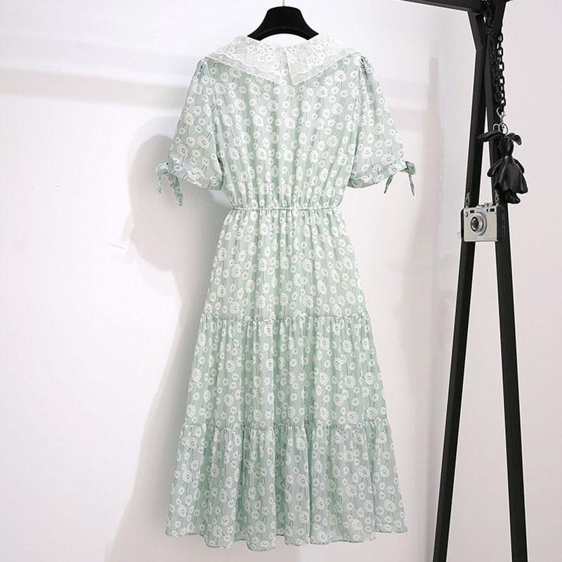 Pofulove  Bohemian Floral Dress Women Summer Dress Plus Size  Lace Collar Slim A-line Long ruffed Dress for party beach vacation