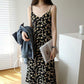 Female Summer Elegant Small Wrinkle Chrysanthemum Chiffon Long Slim V-neck Printing Suspender Floral Dress
