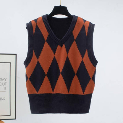 Retro Diamond Plaid V-neck Knitted Vest Female Autumn Winter Pullover Sleeveless Sweater