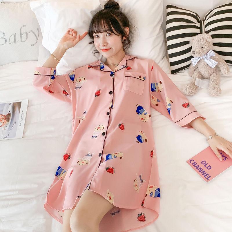 Pajamas Female Ice Silk Thin Sexy Nightdress Version of Imitation Loose Plus Size Pajamas