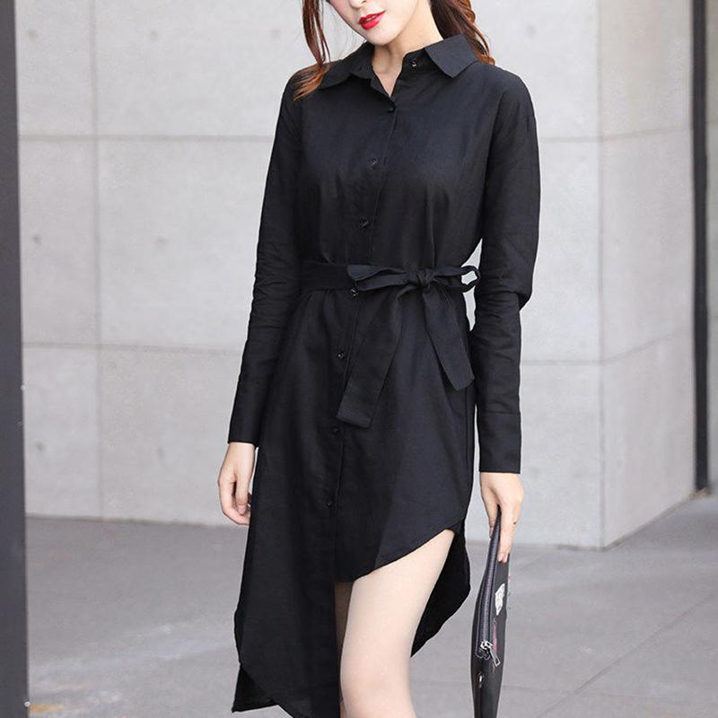 S-XXXXXL T-shirt Dress with Belt Loose Turn-down Collar Casual Long Sleeve Buttons Women Dress Irregular Split Fork
