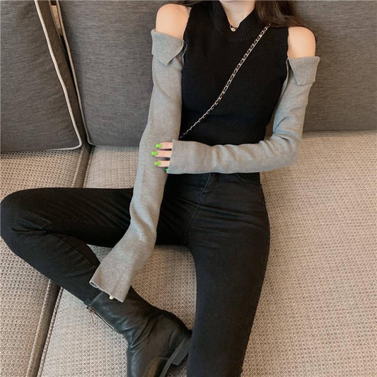 Pofulove Bottoming Sweater Slim All-match Pullover Panelled Contrast Off-the-shoulder Long Sleeves